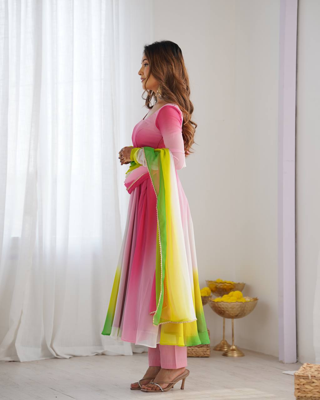 Multi pink color georgette three piece anarkali suit