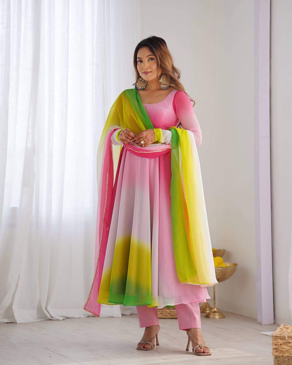 Multi pink color georgette three piece anarkali suit