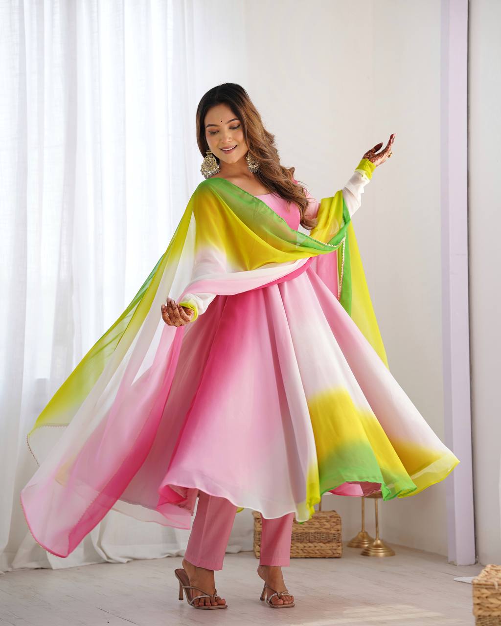 Multi pink color georgette three piece anarkali suit