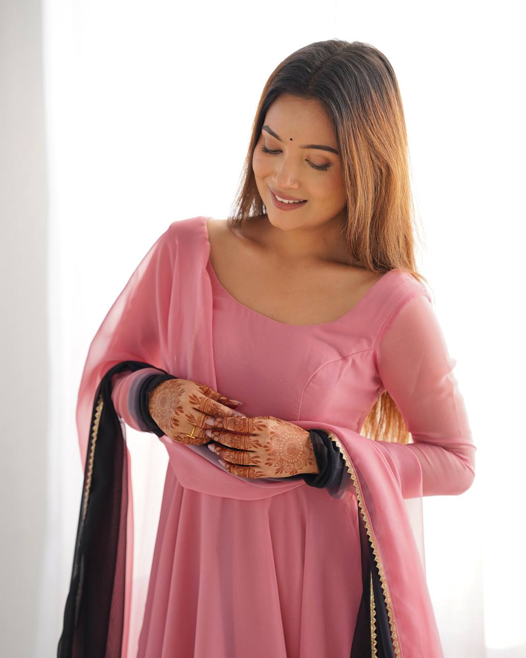 Onion pink color georgette three piece anarkali suit