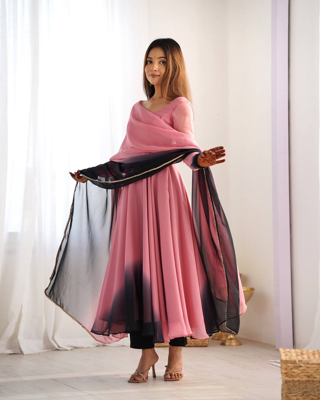 Onion pink color georgette three piece anarkali suit