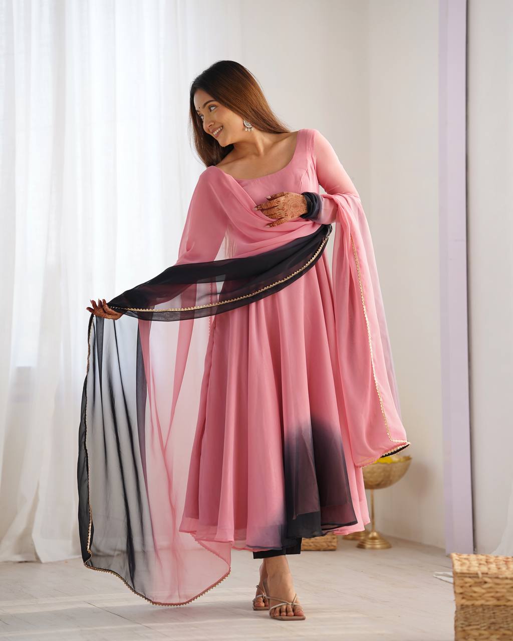 Onion pink color georgette three piece anarkali suit
