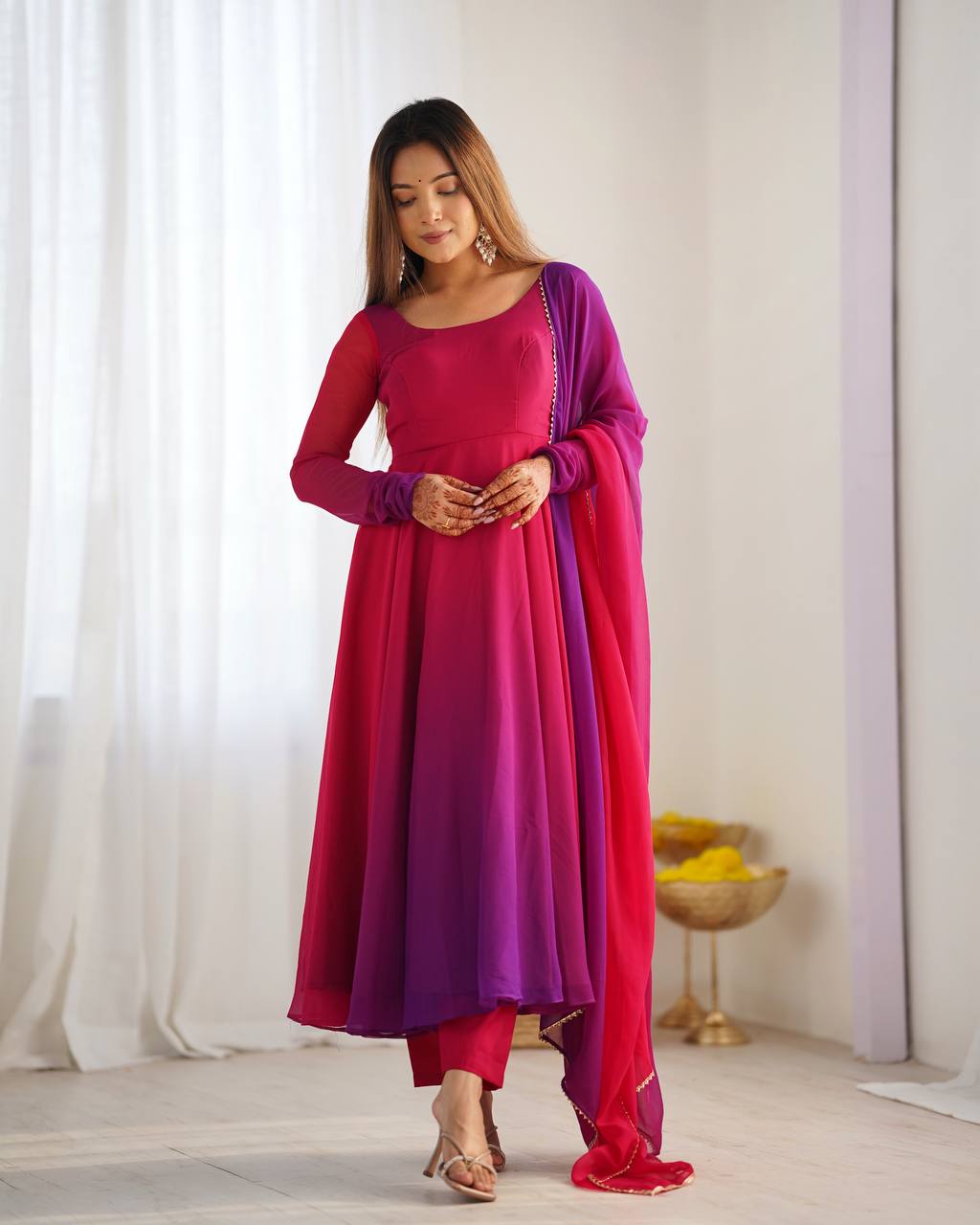 Dark pink color georgette three piece anarkali suit