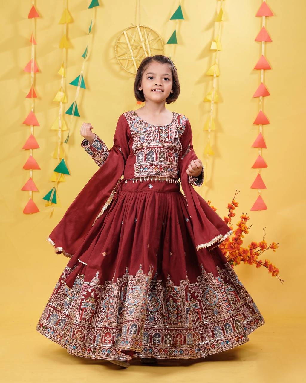 Maroon Traditional Mirror Work Lehenga Choli for Girls
