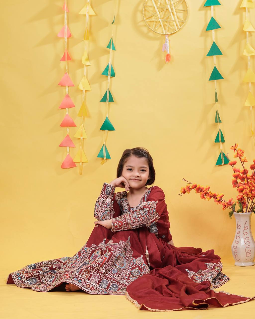 Maroon Traditional Mirror Work Lehenga Choli for Girls