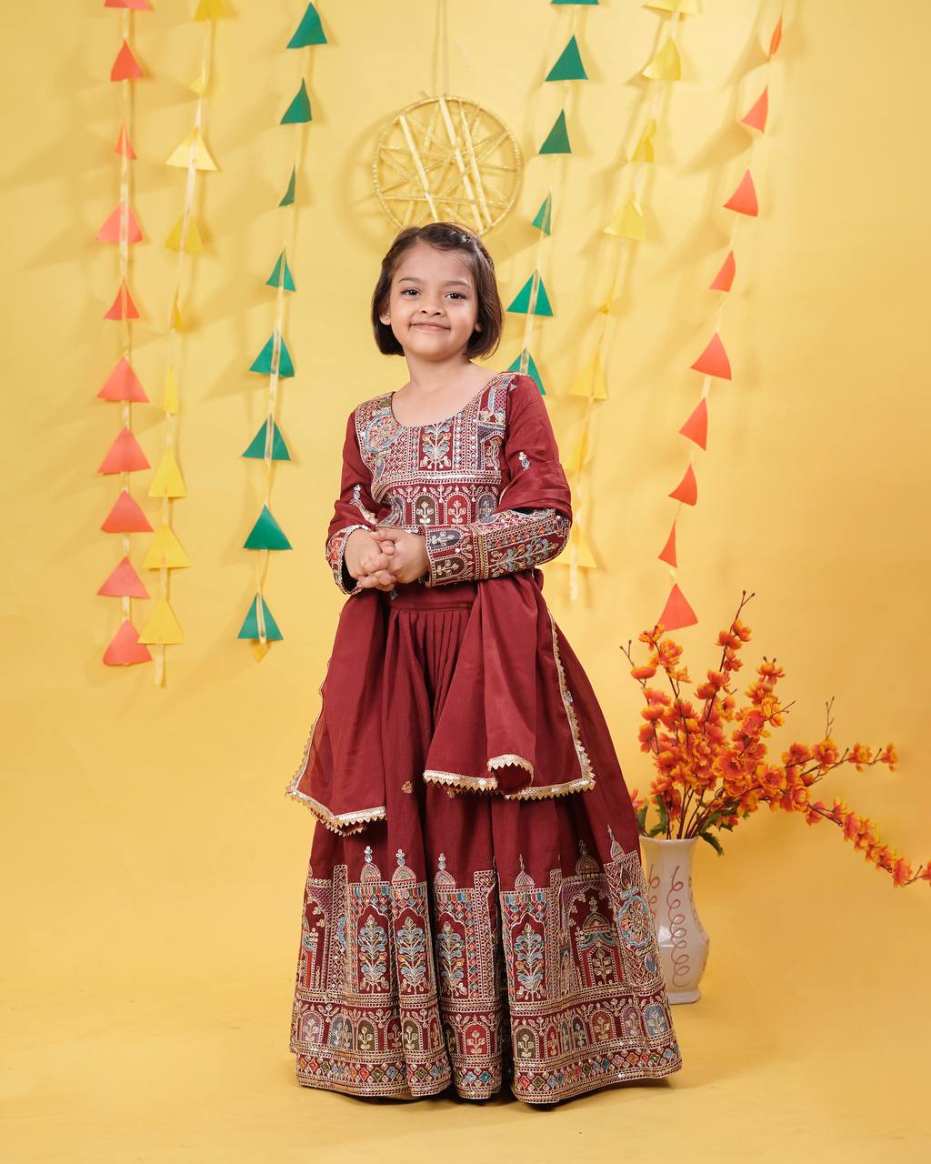 Maroon Traditional Mirror Work Lehenga Choli for Girls