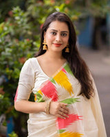 Elegant White Lichi Silk Saree with Multicolor Abstract Floral Print – Perfect for Casual and Festive Occasions