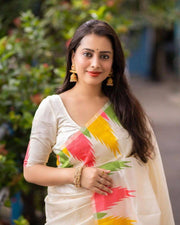 Elegant White Lichi Silk Saree with Multicolor Abstract Floral Print – Perfect for Casual and Festive Occasions