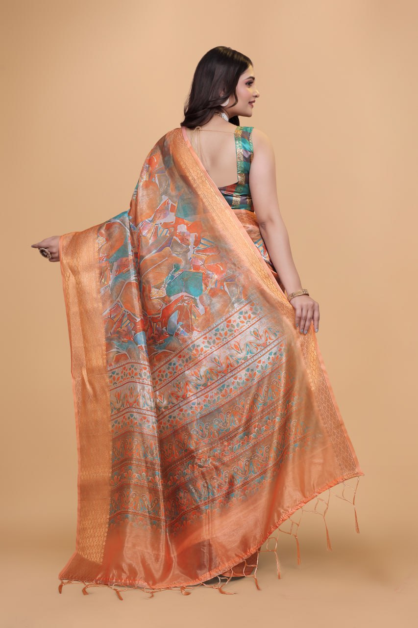 Elegant Printed Silk Saree with Golden Border | Traditional Indian Saree for Weddings & Festivals