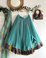 Girls Aqua Blue Pleated Lehenga Choli with Printed Border and Designer Blouse