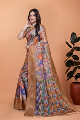 Elegant Printed Silk Saree with Golden Border | Floral & Geometric Design for Weddings & Festive Occasions