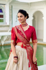 Mameraa Cream Patola Lehenga Choli with Red Banarasi Dupatta
