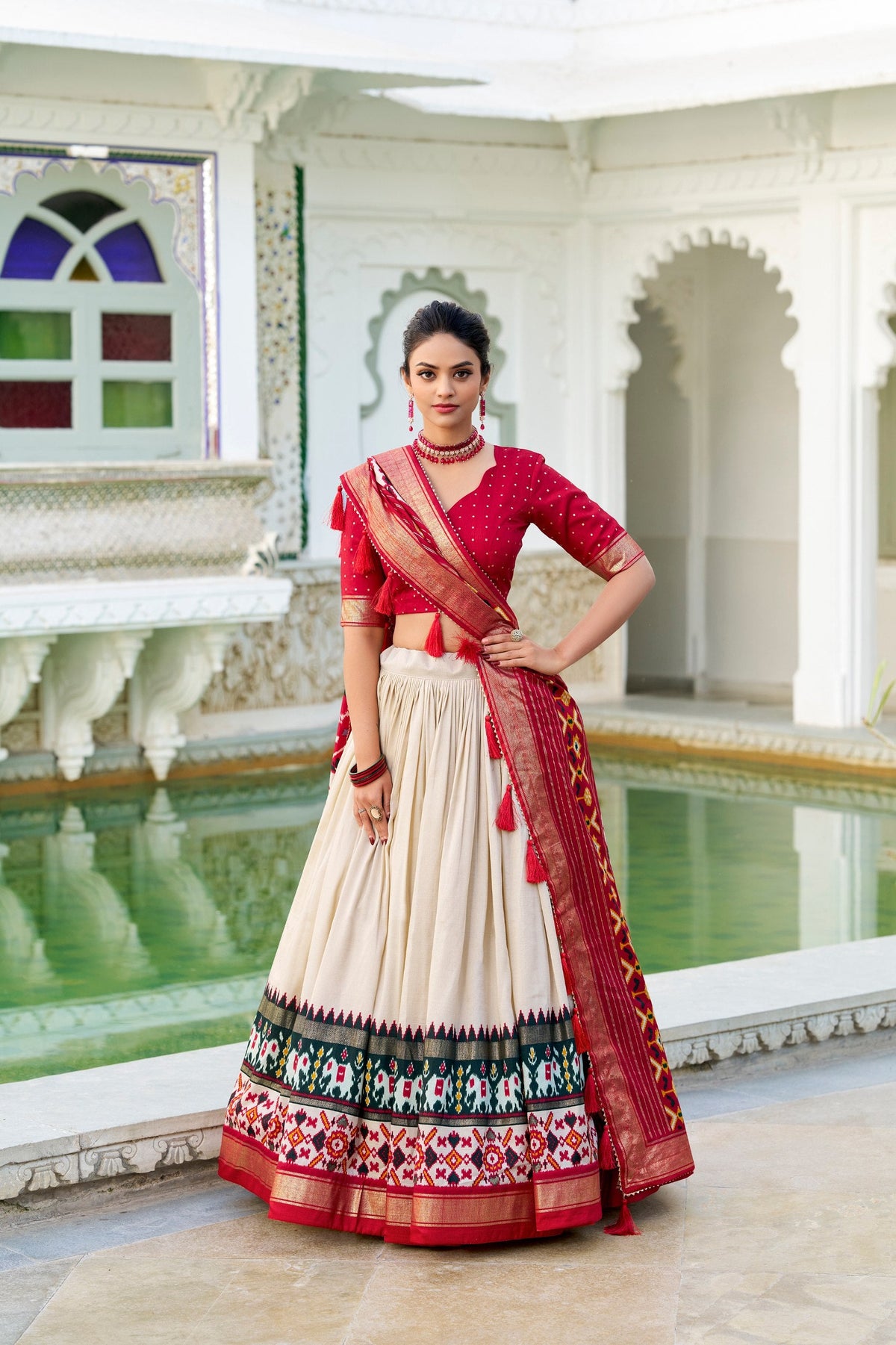 Mameraa Cream Patola Lehenga Choli with Red Banarasi Dupatta