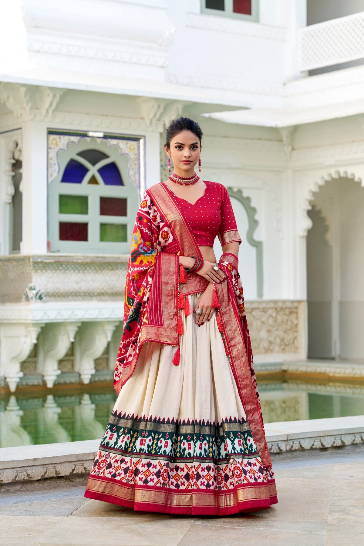 Mameraa Cream Patola Lehenga Choli with Red Banarasi Dupatta