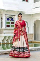 Mameraa Cream Patola Lehenga Choli with Red Banarasi Dupatta