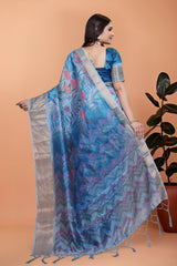 Elegant Blue Printed Silk Saree with Silver Border | Floral & Geometric Design for Weddings & Festive Occasions
