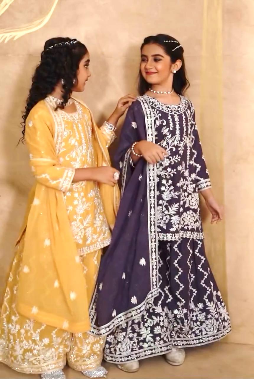 Girls Embroidered Sharara Suit Set with Kurti and Dupatta