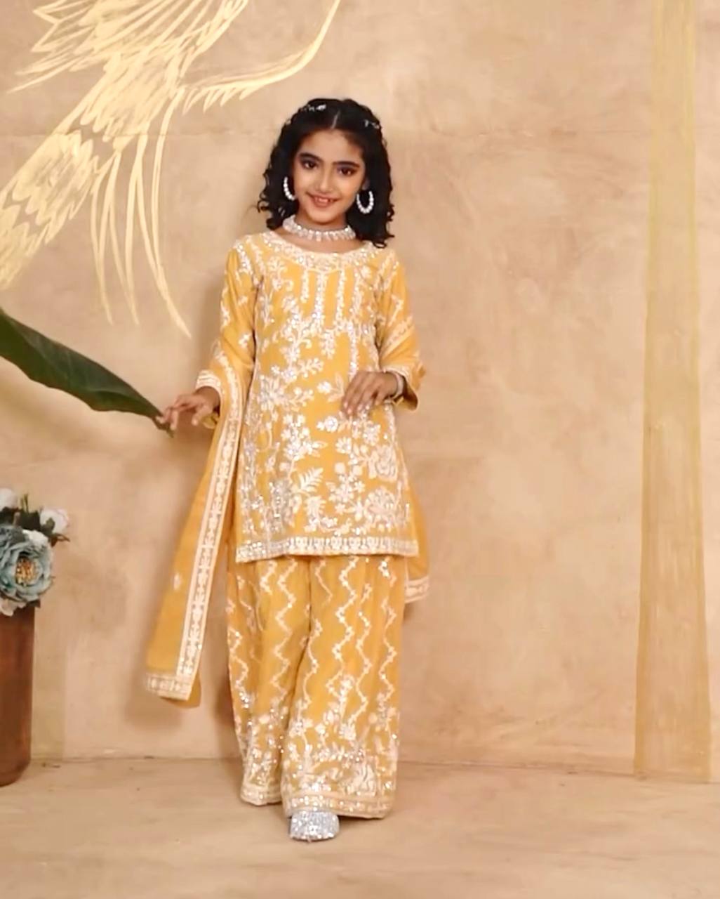 Girls Embroidered Sharara Suit Set with Kurti and Dupatta
