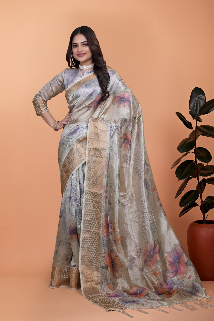 Elegant Beige Soft Silk Saree with Multicolor Floral Print & Golden Zari Border