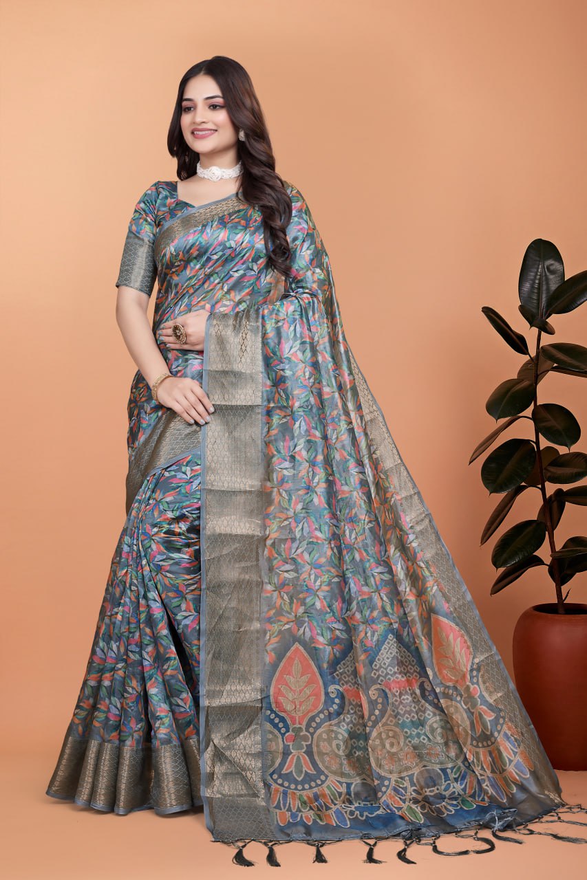 Elegant Floral Printed Silk Saree with Silver Border | Traditional Indian Saree for Weddings & Festive Occasions