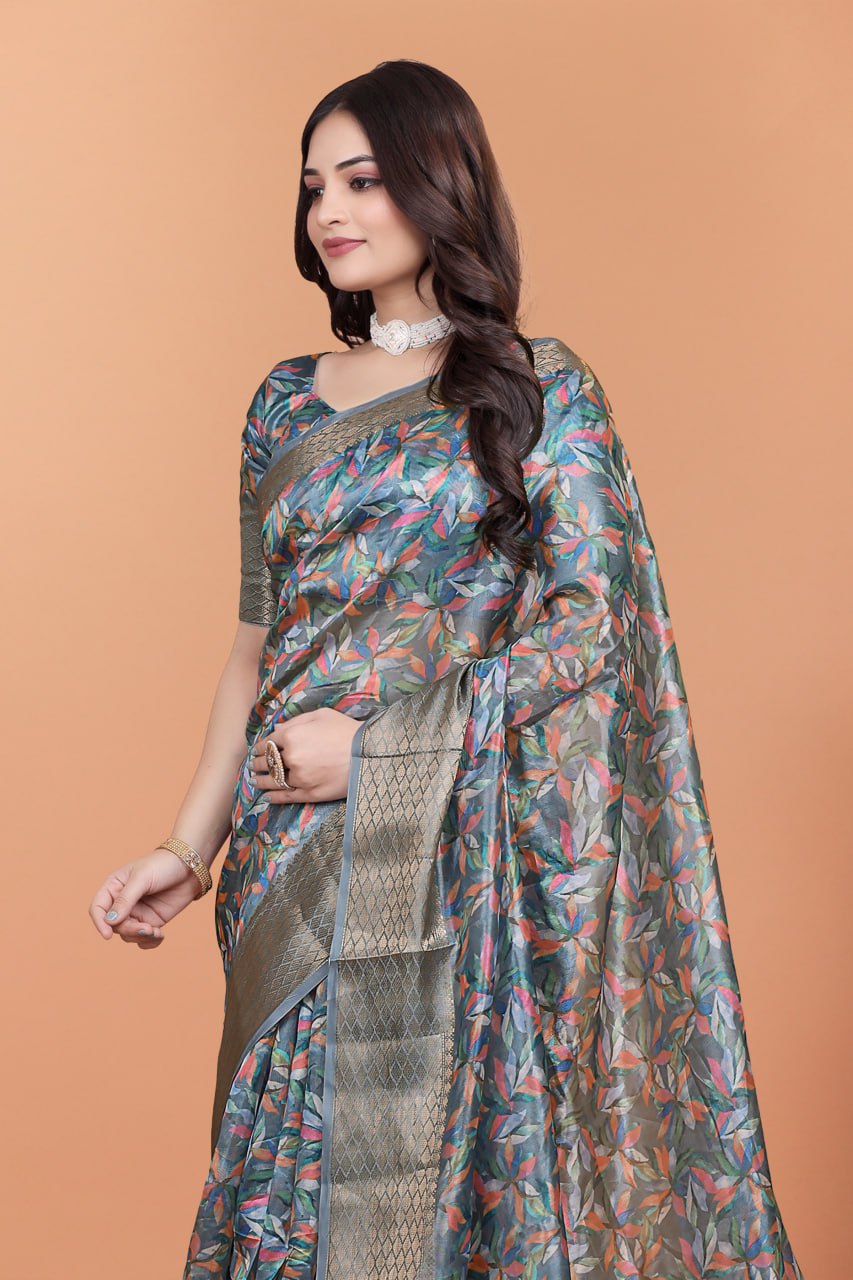 Elegant Floral Printed Silk Saree with Silver Border | Traditional Indian Saree for Weddings & Festive Occasions