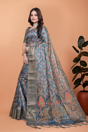 Elegant Floral Printed Silk Saree with Silver Border | Traditional Indian Saree for Weddings & Festive Occasions