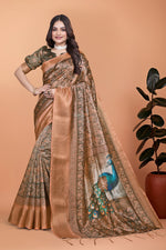 image, Bronze &amp; Olive Green Soft Silk Saree with Majestic Peacock Pallu