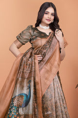 Bronze & Olive Green Soft Silk Saree with Majestic Peacock Pallu