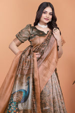image, Bronze &amp; Olive Green Soft Silk Saree with Majestic Peacock Pallu