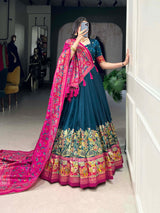Mameraa Teal Green Printed Lehenga Choli with Pink Banarasi Dupatta