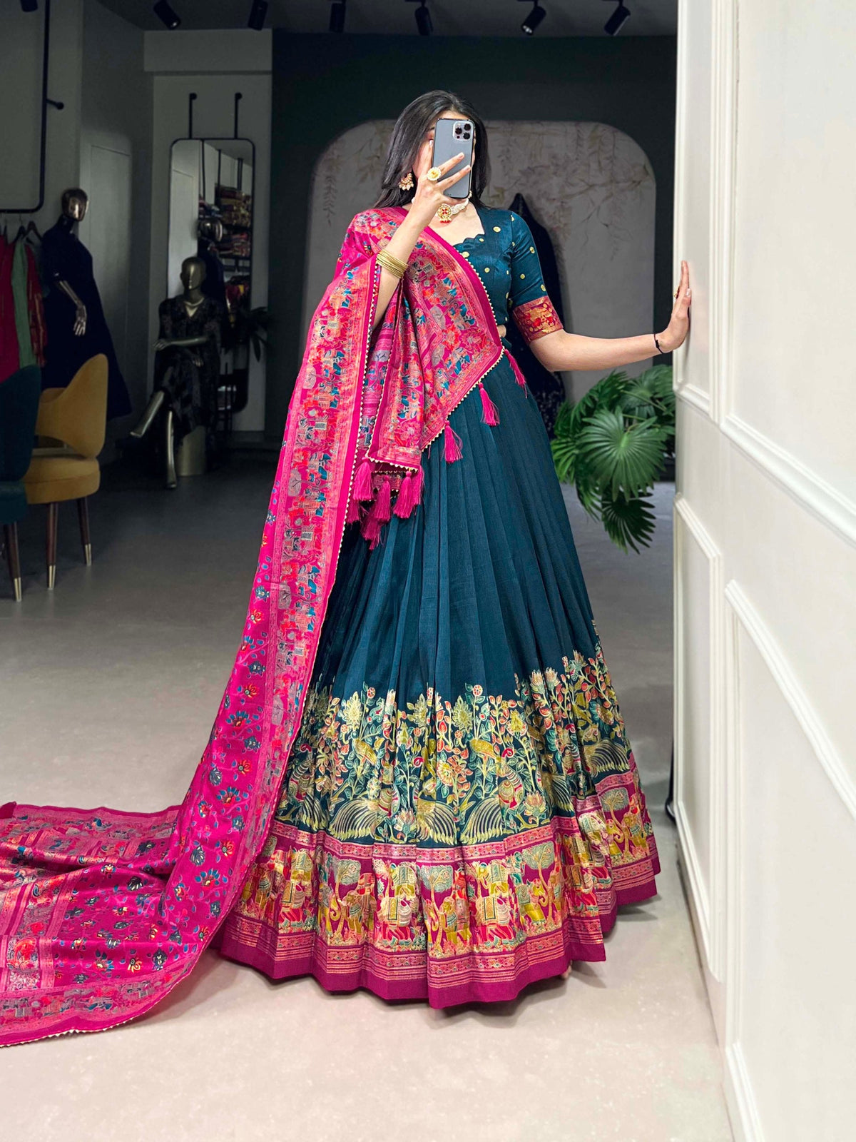 Mameraa Teal Green Printed Lehenga Choli with Pink Banarasi Dupatta