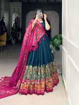 Mameraa Teal Green Printed Lehenga Choli with Pink Banarasi Dupatta