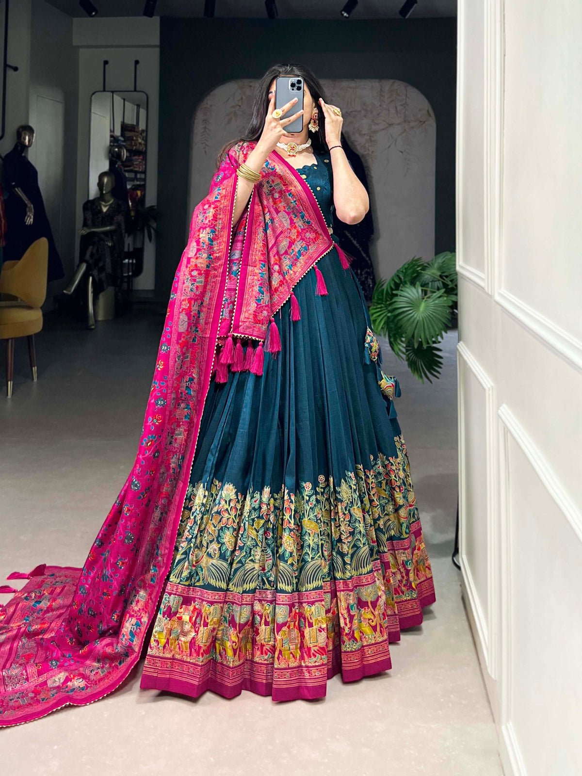 Mameraa Teal Green Printed Lehenga Choli with Pink Banarasi Dupatta