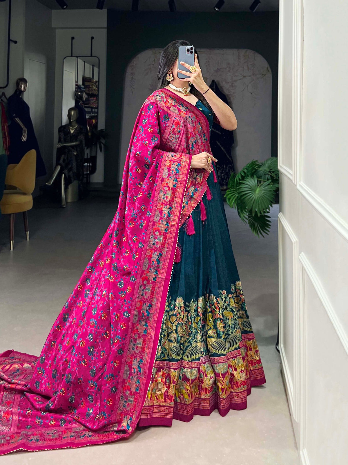 Mameraa Teal Green Printed Lehenga Choli with Pink Banarasi Dupatta