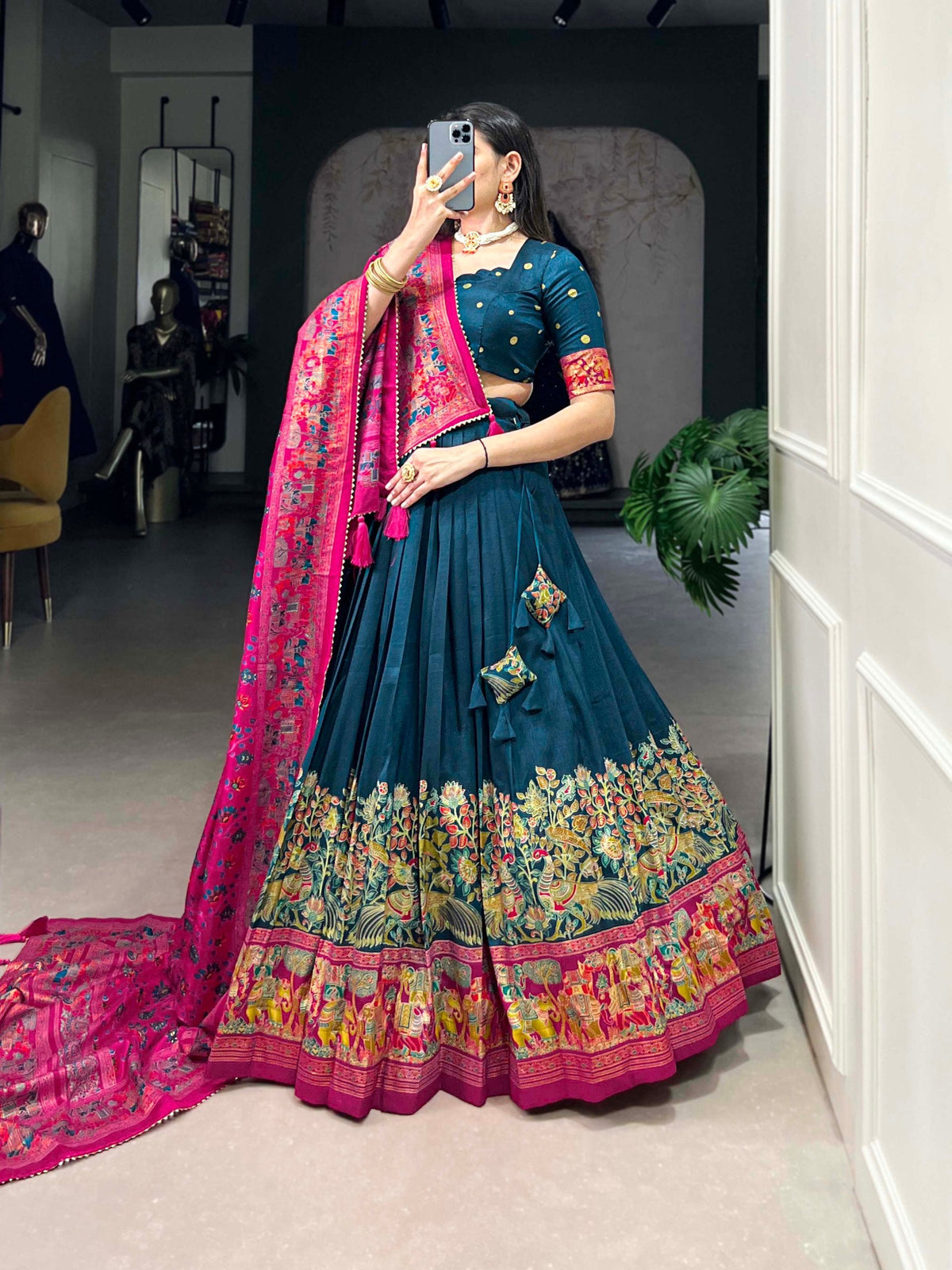 Mameraa Teal Green Printed Lehenga Choli with Pink Banarasi Dupatta