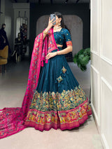Mameraa Teal Green Printed Lehenga Choli with Pink Banarasi Dupatta