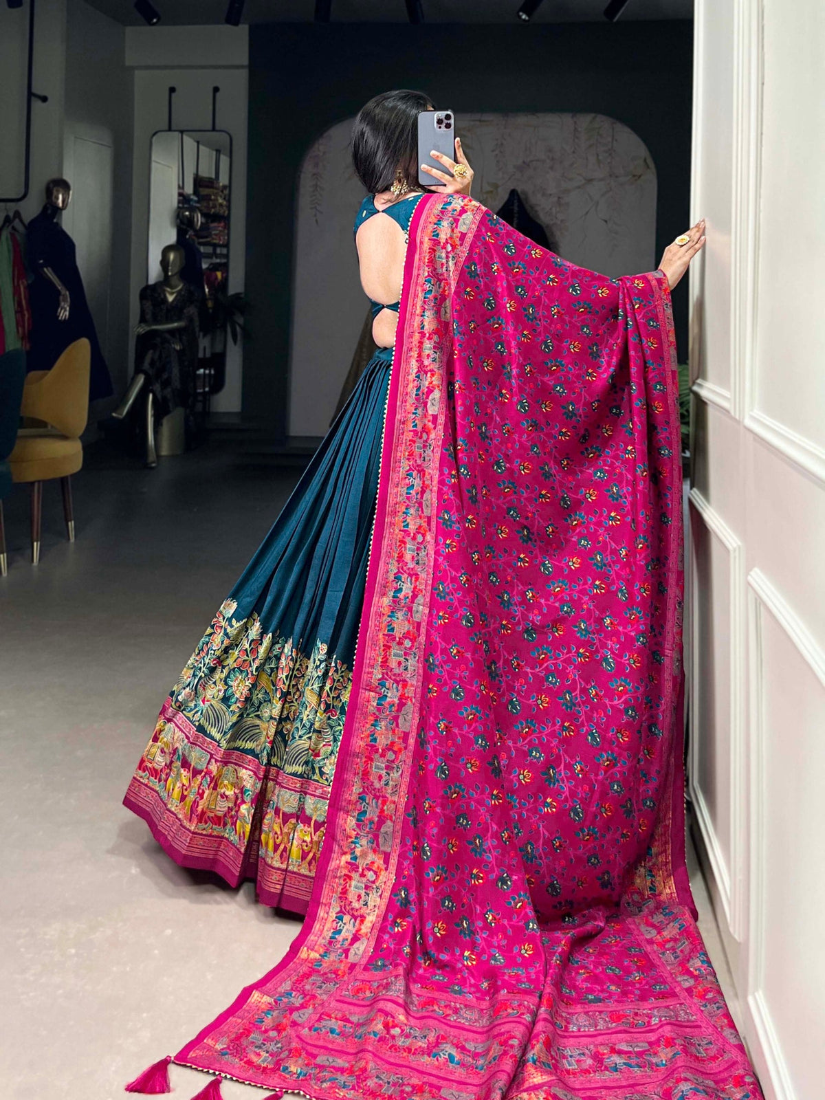 Mameraa Teal Green Printed Lehenga Choli with Pink Banarasi Dupatta