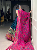 Mameraa Teal Green Printed Lehenga Choli with Pink Banarasi Dupatta