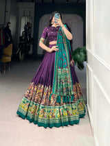Glamgait Purple Printed Lehenga Choli with Green Banarasi Dupatta