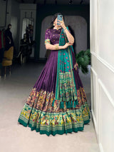 Glamgait Purple Printed Lehenga Choli with Green Banarasi Dupatta