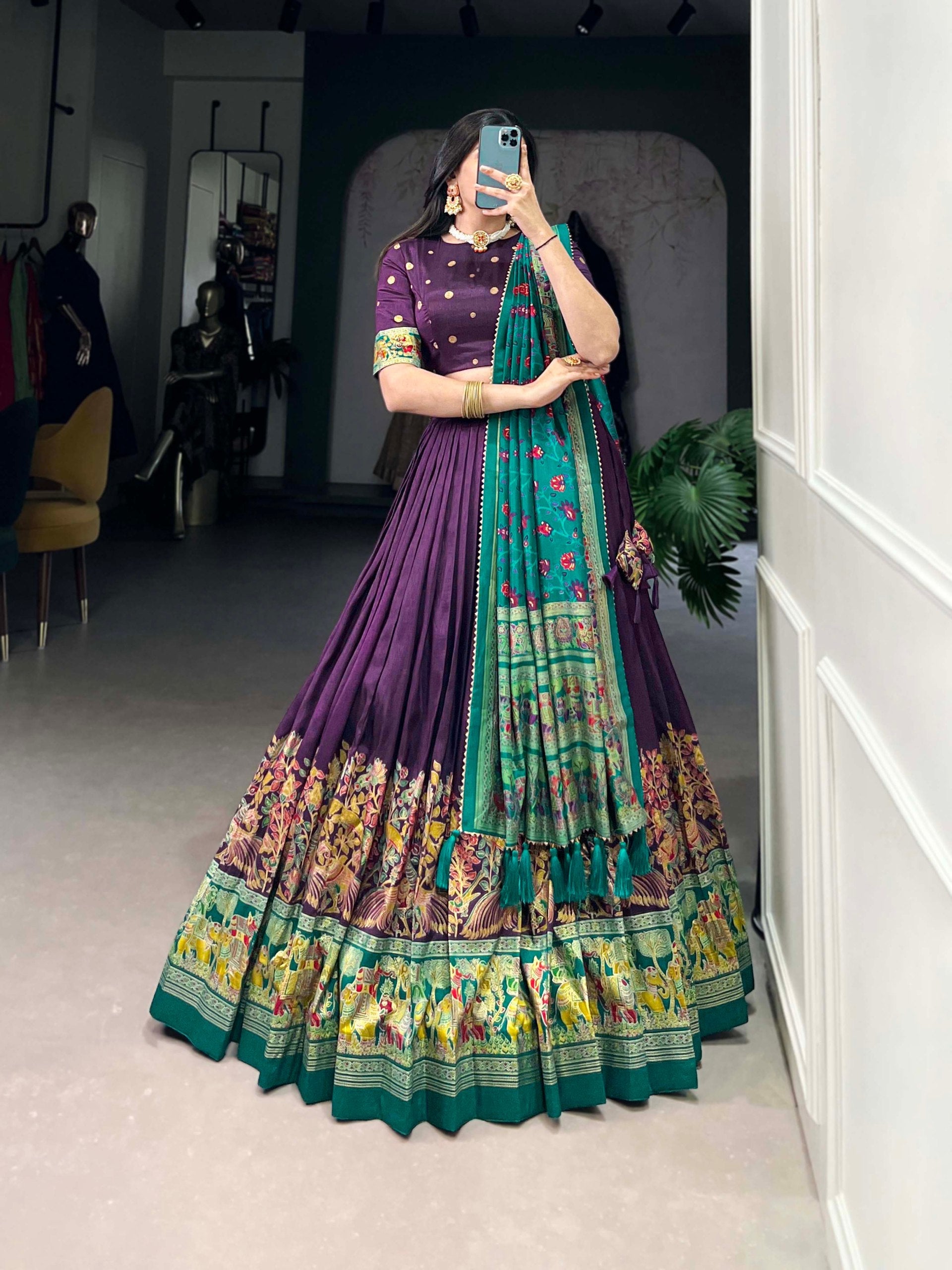 Glamgait Purple Printed Lehenga Choli with Green Banarasi Dupatta
