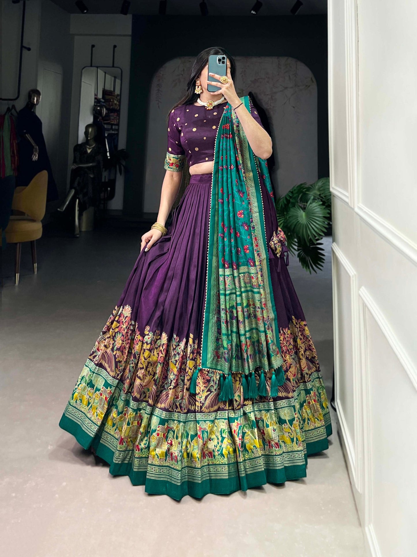 Glamgait Purple Printed Lehenga Choli with Green Banarasi Dupatta