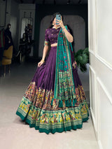 Glamgait Purple Printed Lehenga Choli with Green Banarasi Dupatta