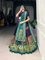 Glamgait Purple Printed Lehenga Choli with Green Banarasi Dupatta