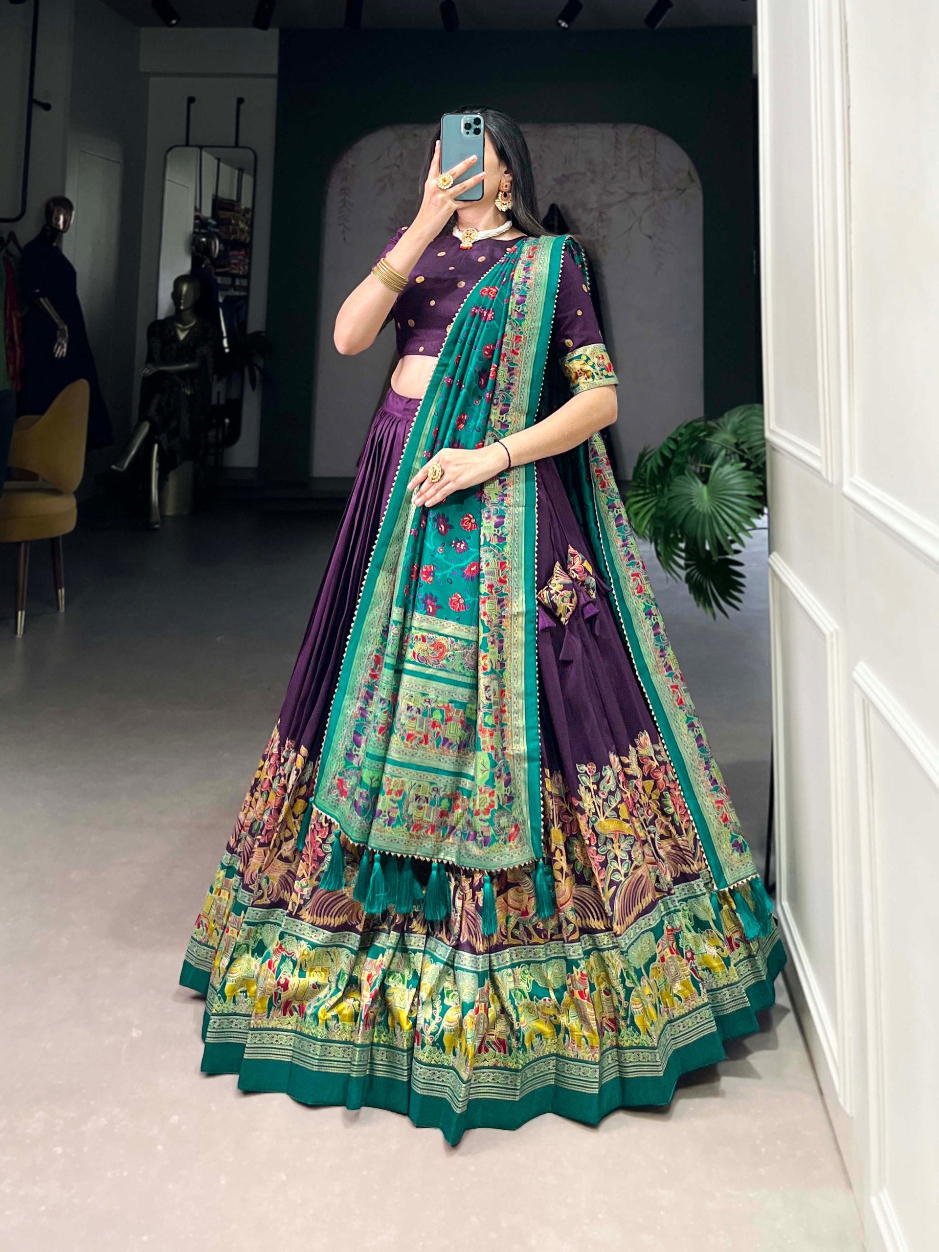 Glamgait Purple Printed Lehenga Choli with Green Banarasi Dupatta