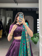 Mameraa Purple Printed Lehenga Choli with Green Banarasi Dupatta