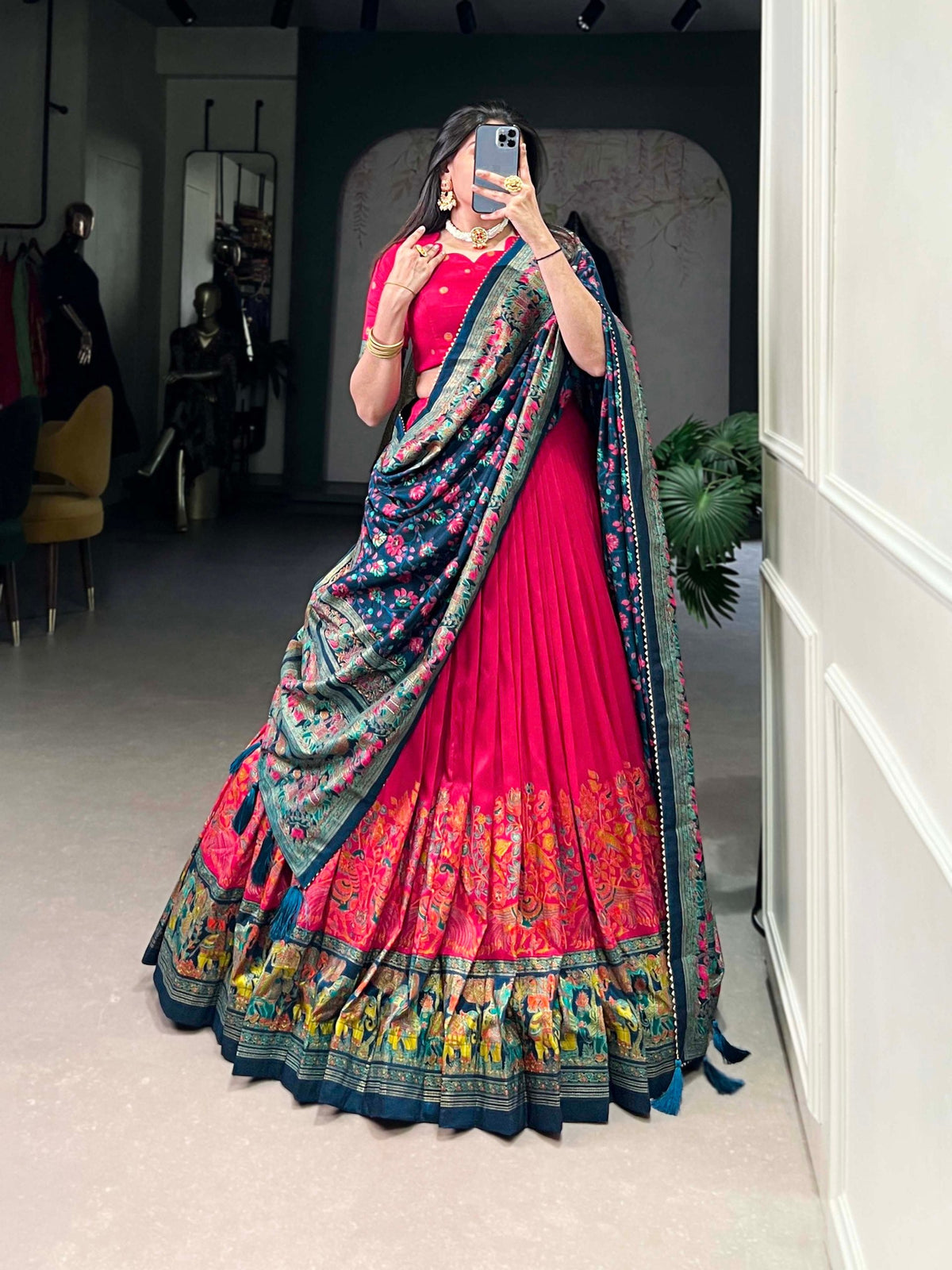 Mameraa Rani Pink Floral Lehenga Choli with Teal Banarasi Dupatta