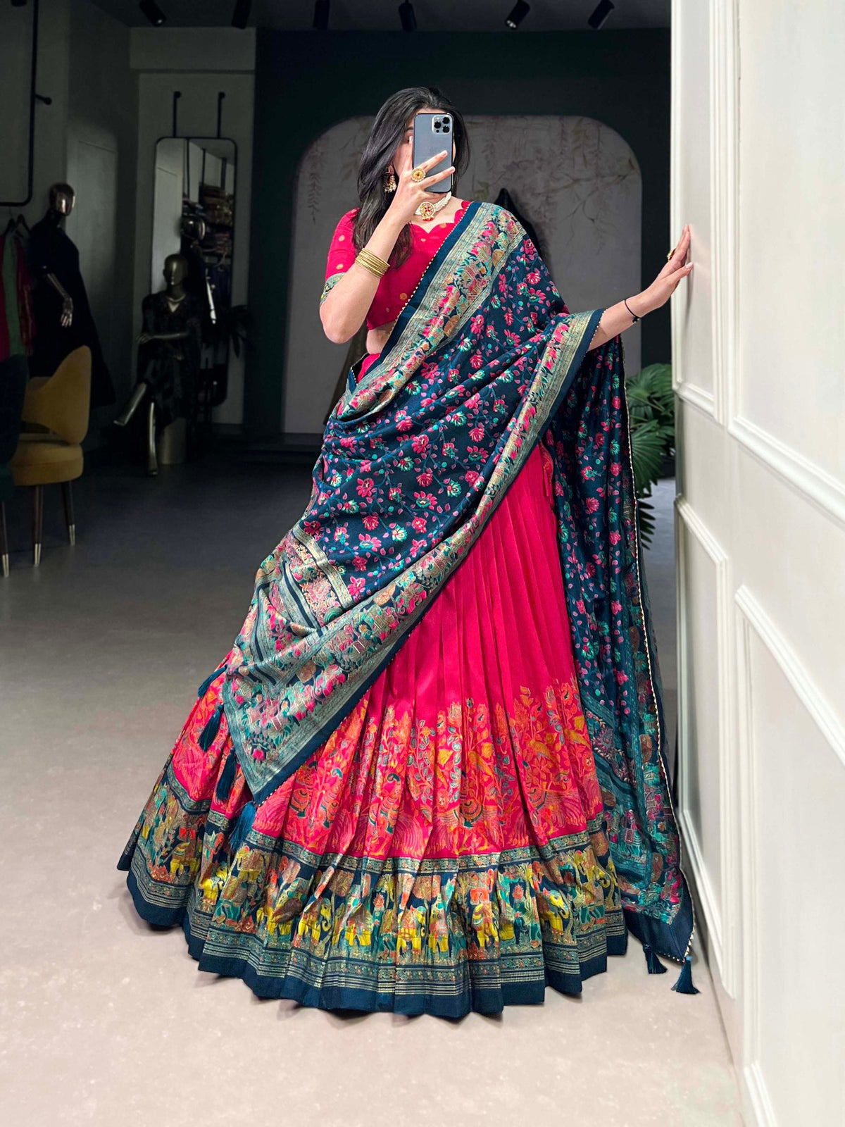 Mameraa Rani Pink Floral Lehenga Choli with Teal Banarasi Dupatta