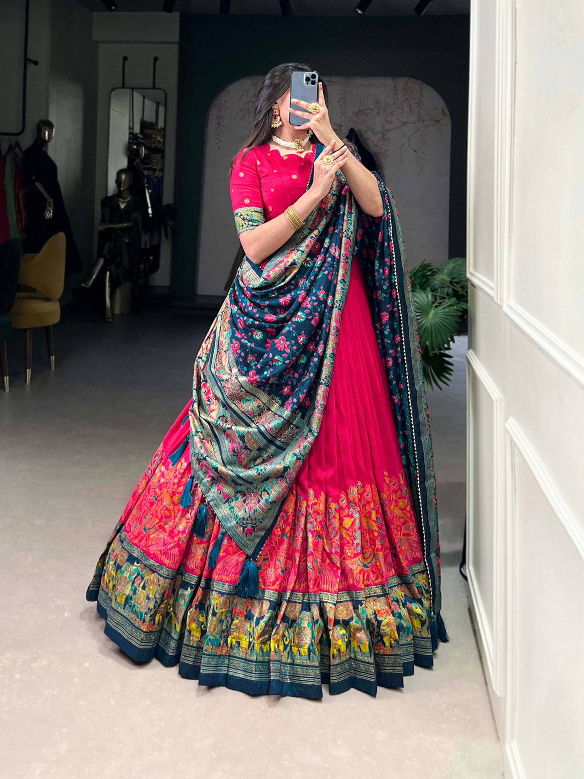 Mameraa Rani Pink Floral Lehenga Choli with Teal Banarasi Dupatta