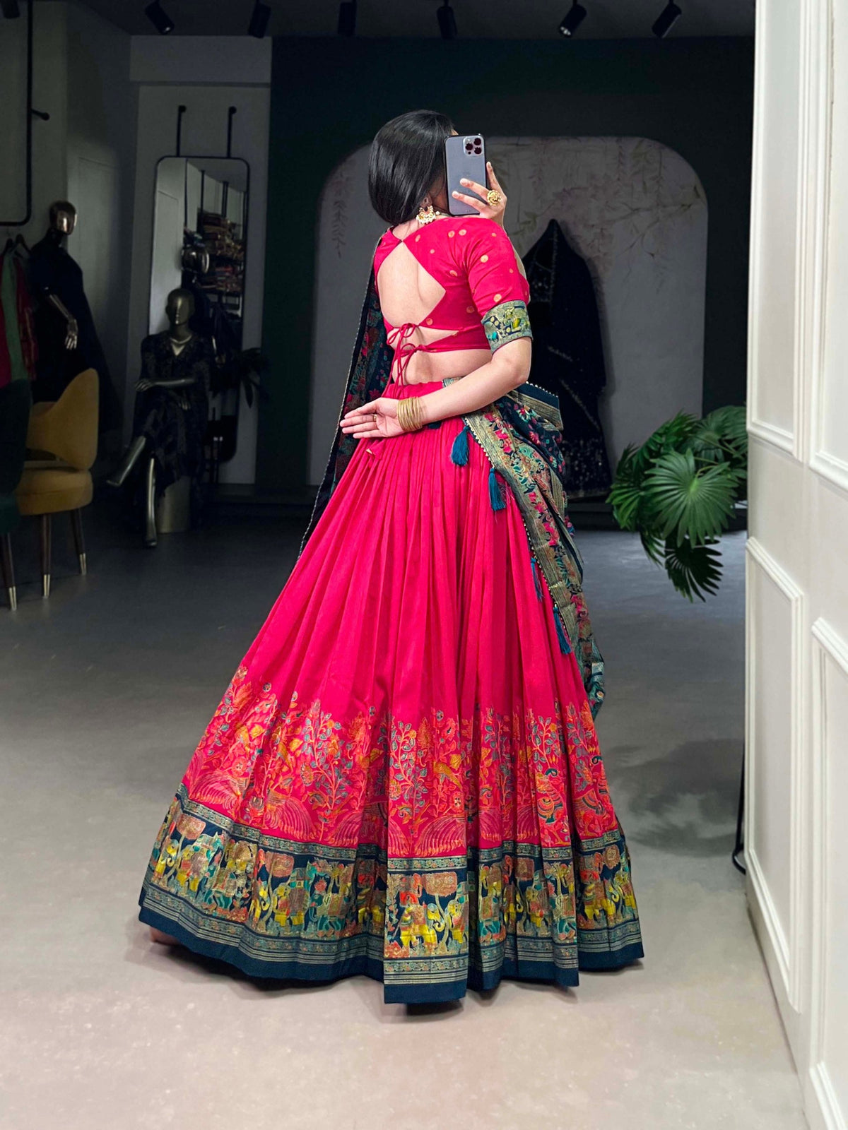 Mameraa Rani Pink Floral Lehenga Choli with Teal Banarasi Dupatta